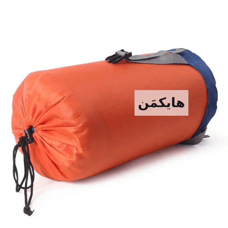 حقيبة تخزين مضغوطة باللون البرتقالي والأزرق للرحلات والتنزه، تحمل علامة HIKEMAN، مصممة لتنظيم الأدوات والمعدات الرياضية