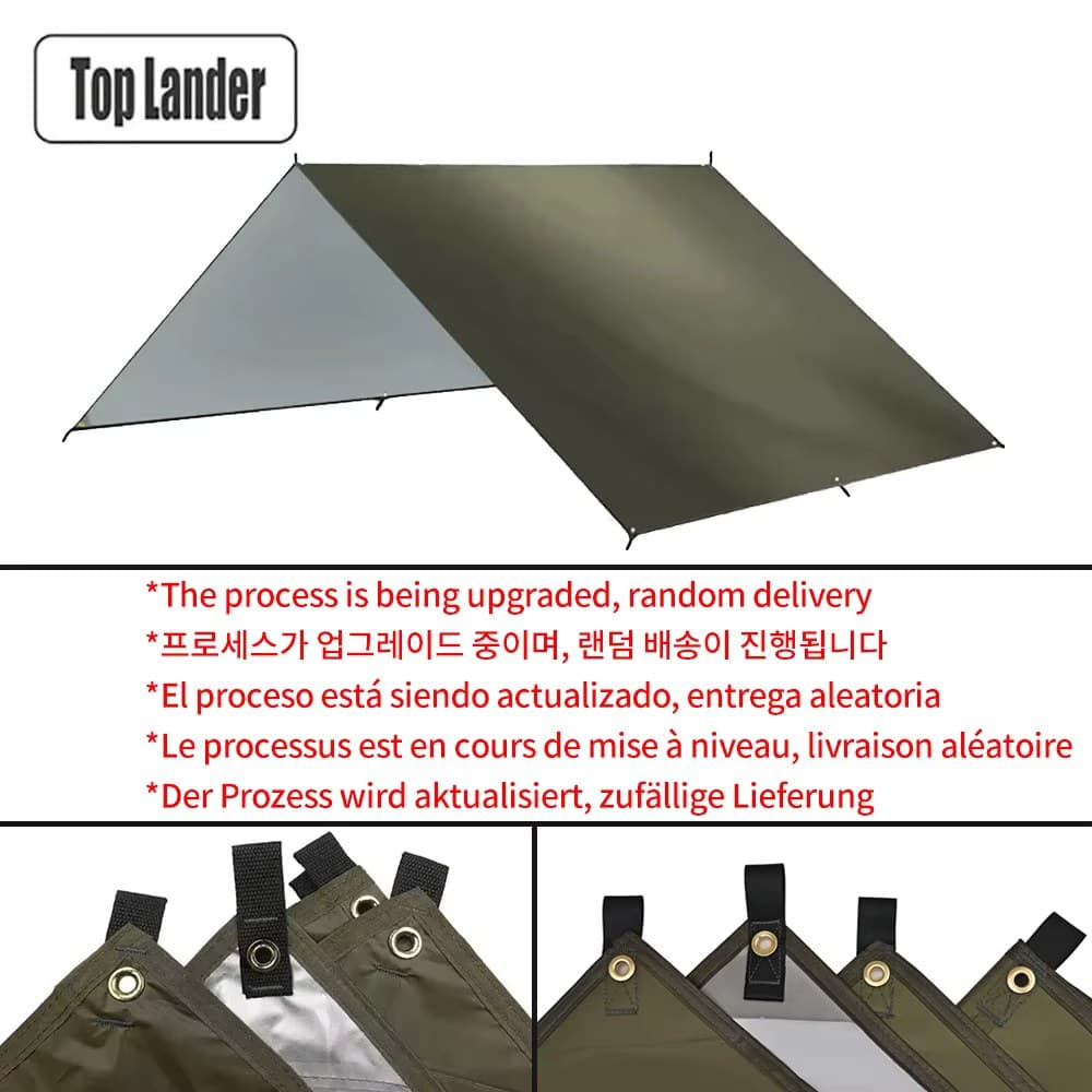 صورة منتج لشركة Top Lander تعرض قماش خيمة مزدوج اللون مع رسائل متعددة اللغات حول تحديث العملية وتسليم عشوائي، مع صور تفاصيل للعلاقات والأنظمة المعدنية للقماش