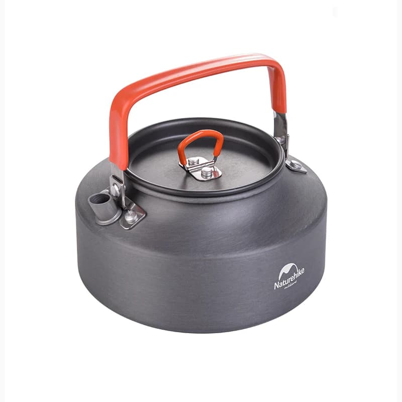 صورة كettle طقم طهي من Naturehike باللون الرمادي مع مقبض برتقالي، تصميم خفيف الوزن ومتين للمغامرات والرحلات البرية