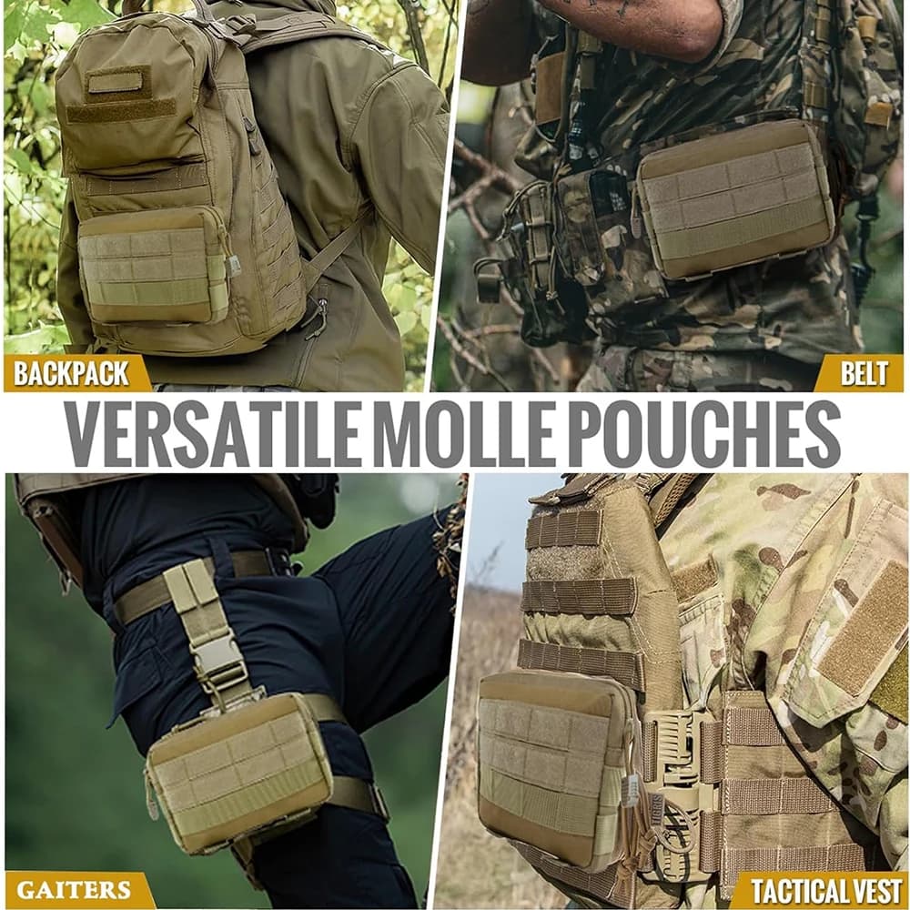 صورة تسويقية تعرض حافظات MOLLE متعددة الاستخدامات تُثبت على حucksack، حزام، جاتيرز، وسترة تكتيكية، مع تسميات واضحة للمنتجات العسكرية والتكتيكية